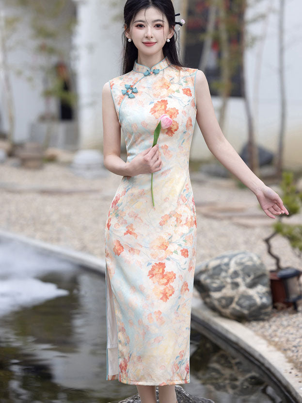 2025 Summer Floral Print Cheongsam Qipao Dress