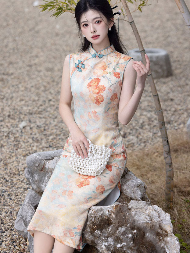 2025 Summer Floral Print Cheongsam Qipao Dress