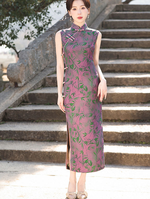 Fuchsia Bamboo Print Long Cheongsam Qipao Dress