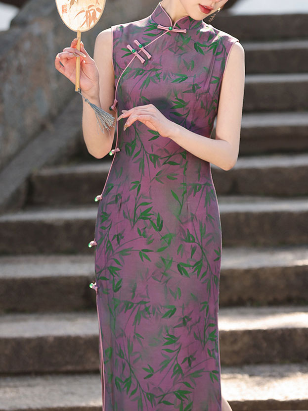 Fuchsia Bamboo Print Long Cheongsam Qipao Dress