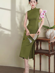 Summer Geen Embroidered Linen Cheongsam Qipao Dress