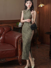 Olive Green Floral Print Cheongsam Qipao Dress