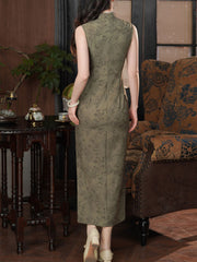 Olive Green Floral Print Cheongsam Qipao Dress