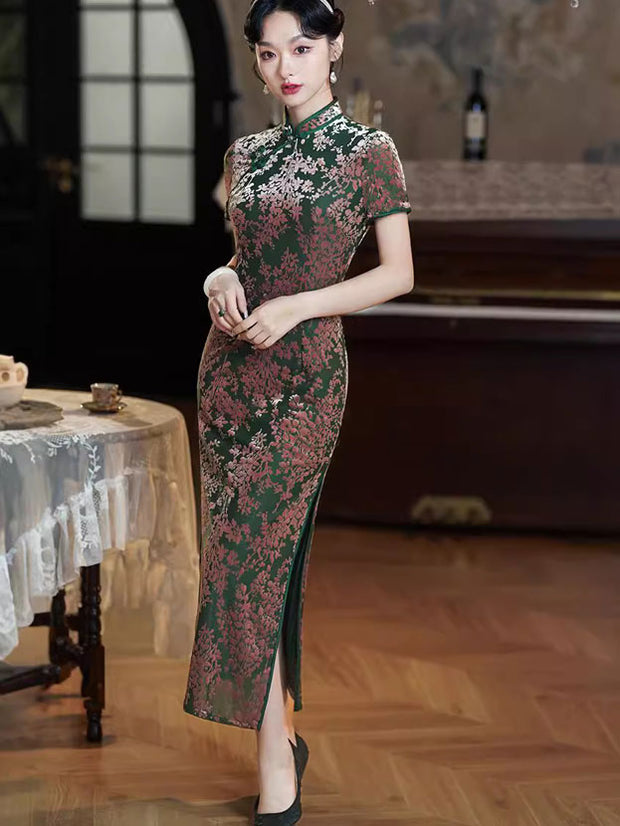 Green Floral Velvet Mothers Cheongsam Qipao Dress