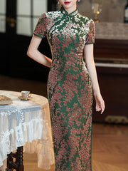 Green Floral Velvet Mothers Cheongsam Qipao Dress