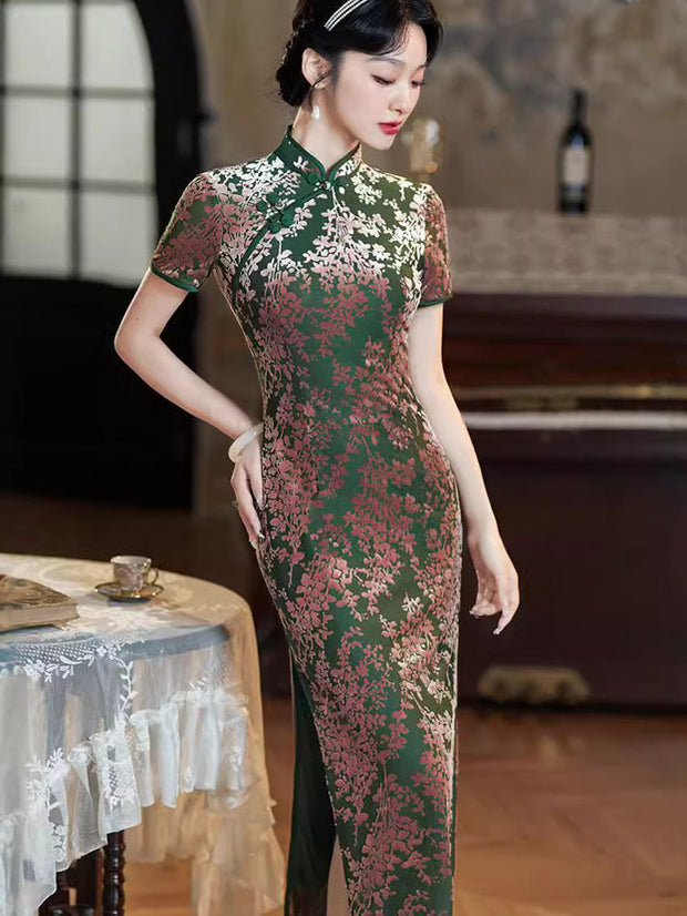 Green Floral Velvet Mothers Cheongsam Qipao Dress