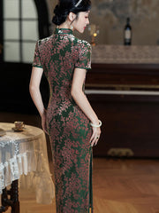 Green Floral Velvet Mothers Cheongsam Qipao Dress