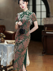 Green Floral Velvet Mothers Cheongsam Qipao Dress