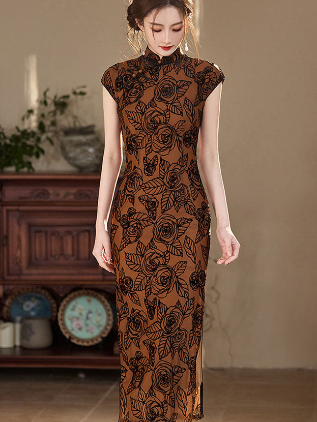 Coffee Floral Print Cheongsam Qipao Dress