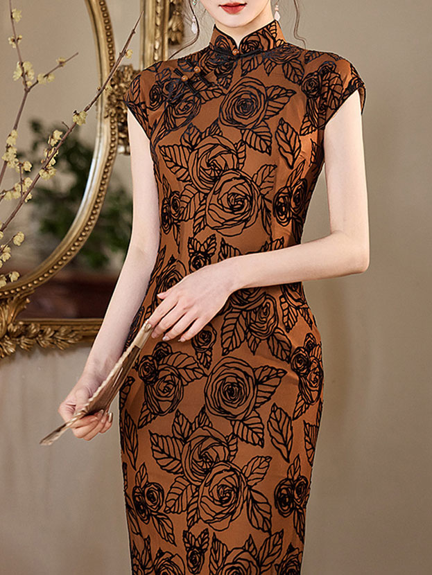 Coffee Floral Print Cheongsam Qipao Dress