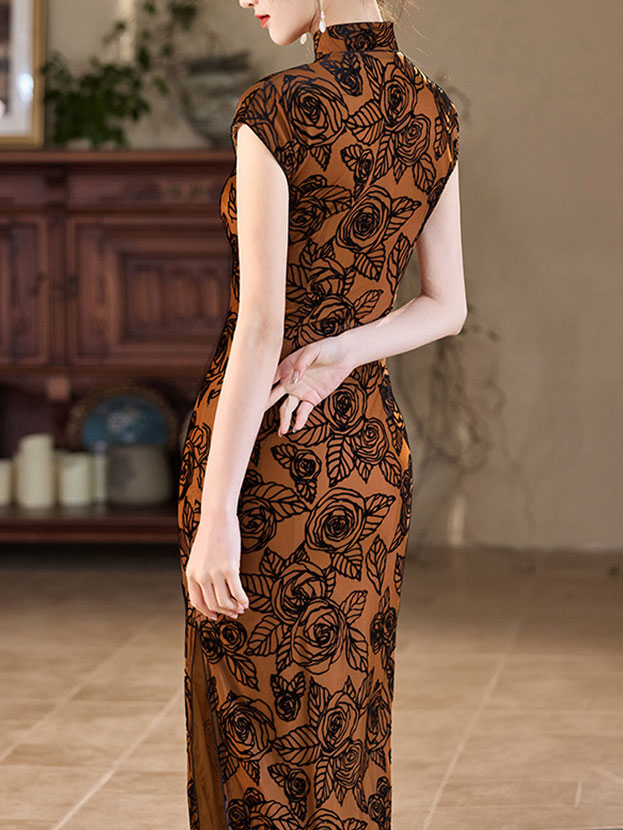 Coffee Floral Print Cheongsam Qipao Dress