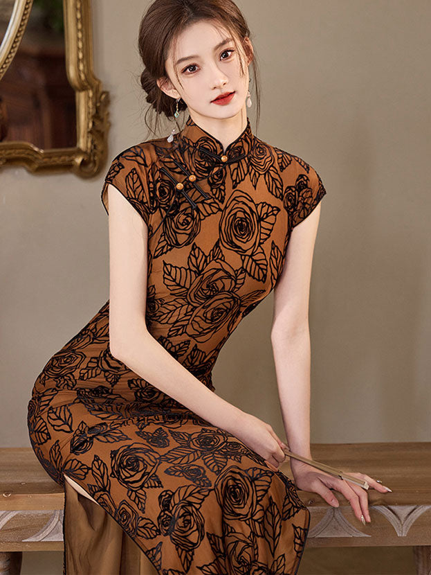Coffee Floral Print Cheongsam Qipao Dress