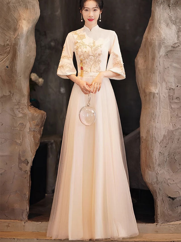 Champagne Appliques Bell Sleeve Tulle Cheongsam Qipao Dress