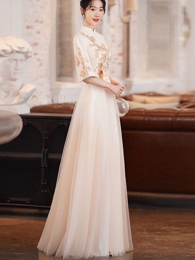 Champagne Appliques Bell Sleeve Tulle Cheongsam Qipao Dress