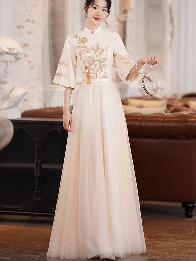 Champagne Appliques Bell Sleeve Tulle Cheongsam Qipao Dress