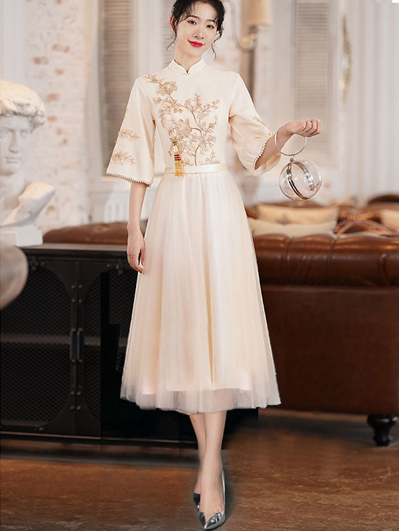 Champagne Appliques Bell Sleeve Tulle Cheongsam Qipao Dress