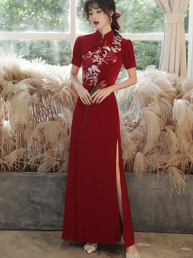 Burgundy Appliques Thigh Split Wedding Cheongsam Qipao Dress