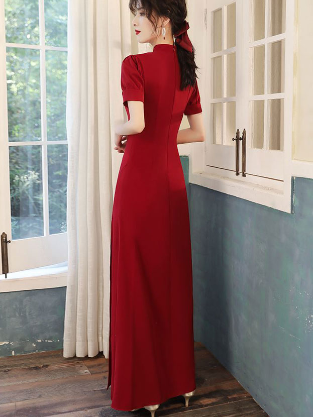 Burgundy Appliques Thigh Split Wedding Cheongsam Qipao Dress