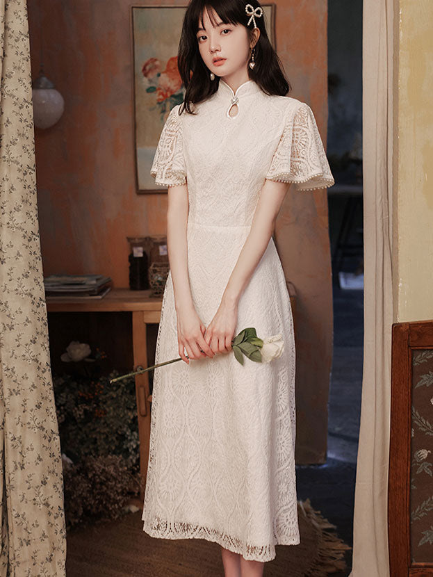 White Lace Flutter Sleeve A-line Cheongsam Qipao Dress