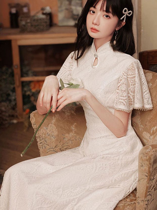 White Lace Flutter Sleeve A-line Cheongsam Qipao Dress