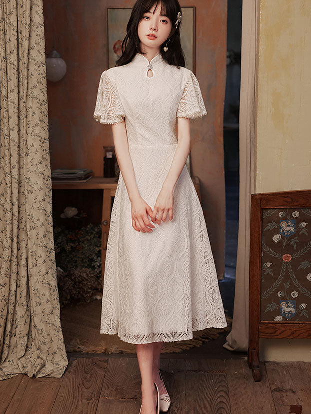 White Lace Flutter Sleeve A-line Cheongsam Qipao Dress