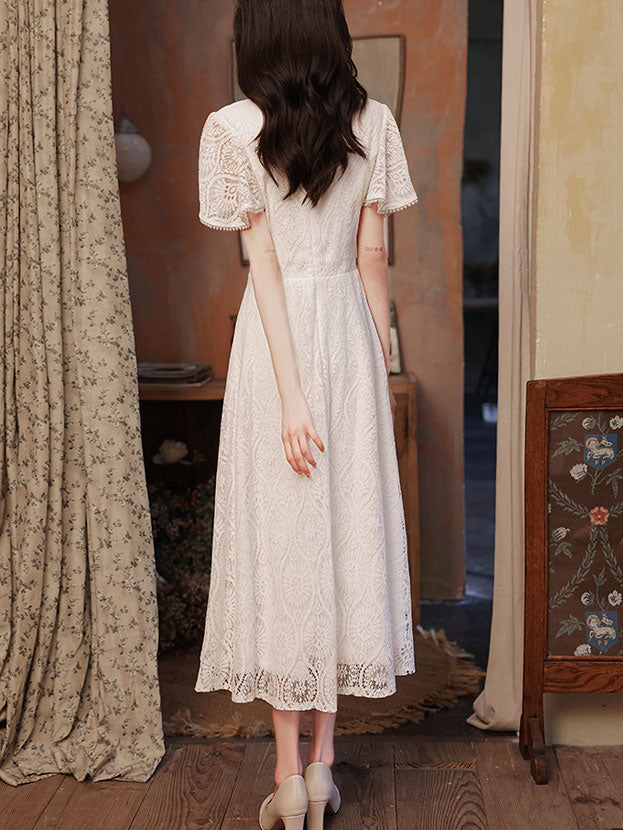 White Lace Flutter Sleeve A-line Cheongsam Qipao Dress