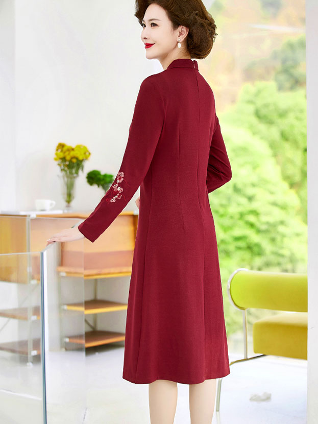 Red Mothers Embroidered A-Line Cheongsam Qipao Dress