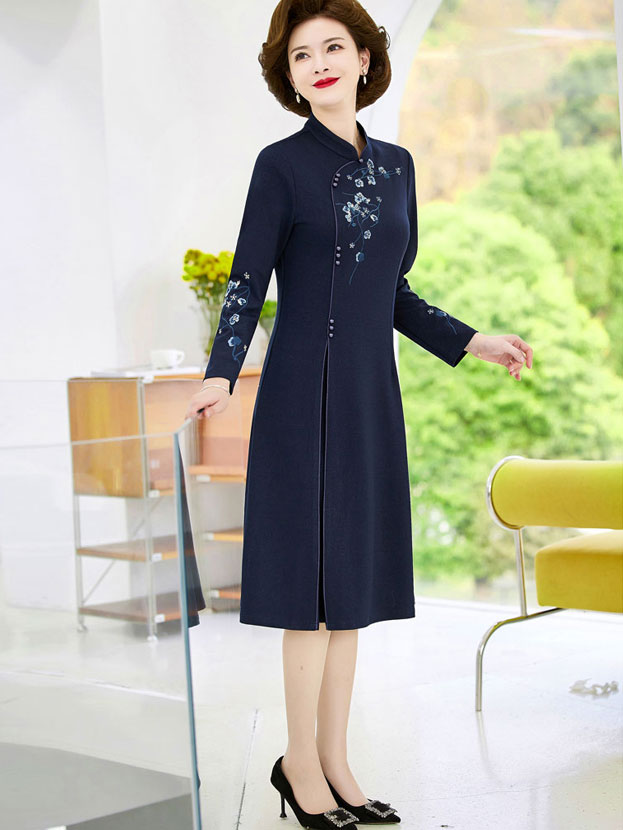 Red Mothers Embroidered A-Line Cheongsam Qipao Dress