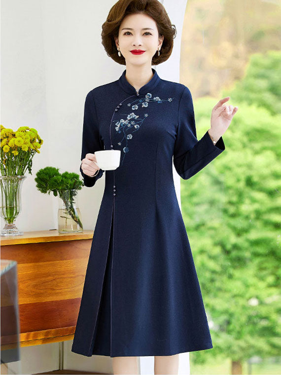 Red Mothers Embroidered A-Line Cheongsam Qipao Dress