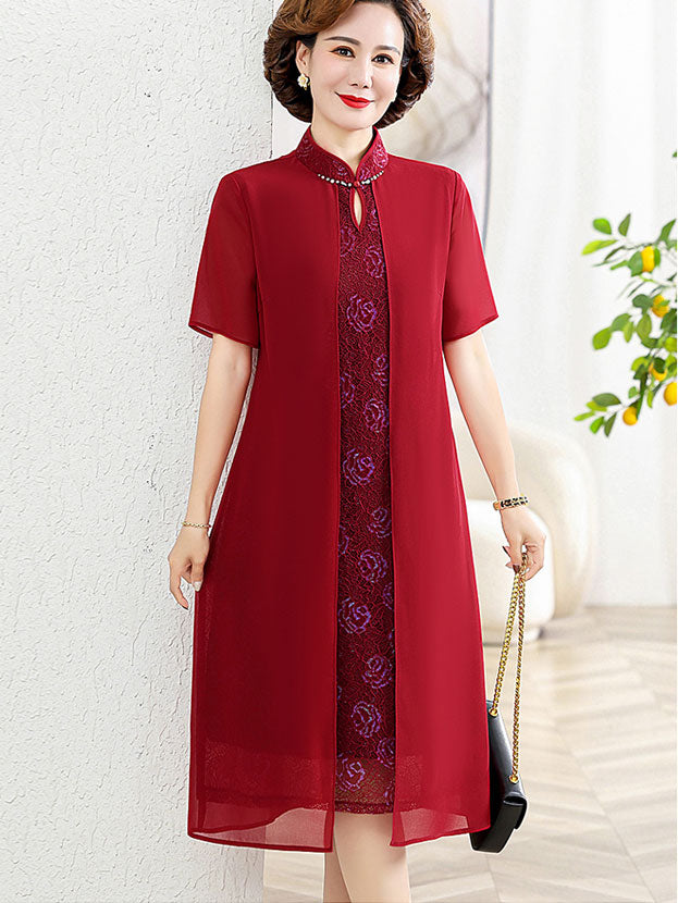Red Blue Floral Mothers A-Line Qipao Cheongsam Dress