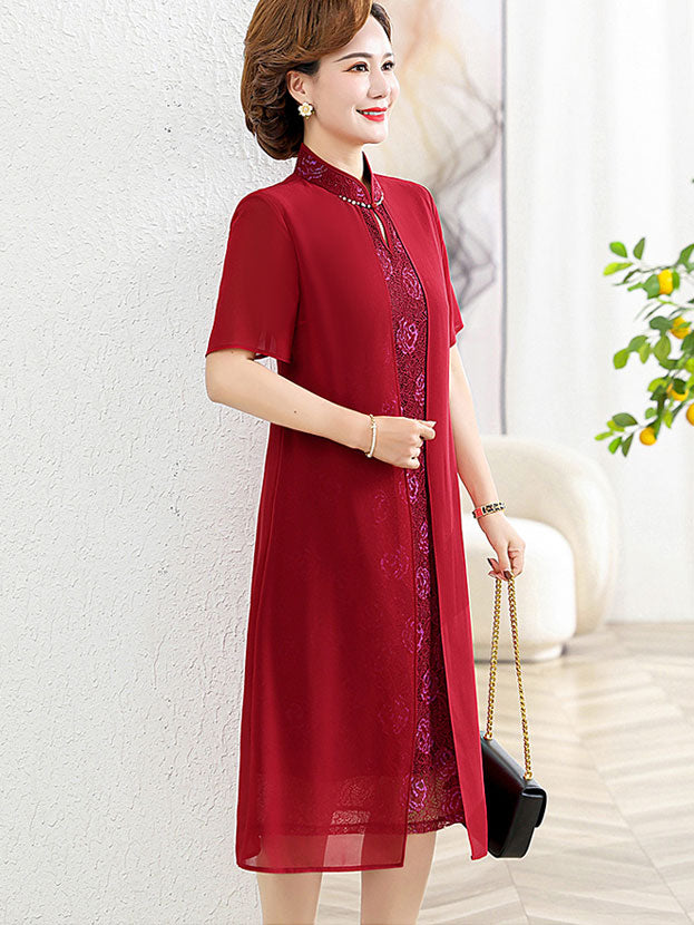Red Blue Floral Mothers A-Line Qipao Cheongsam Dress