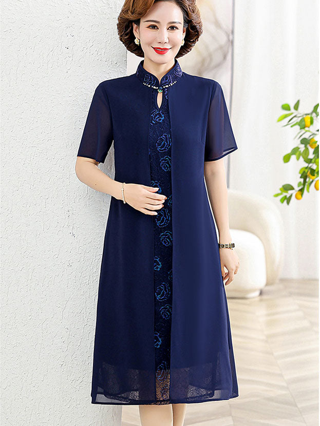 Red Blue Floral Mothers A-Line Qipao Cheongsam Dress