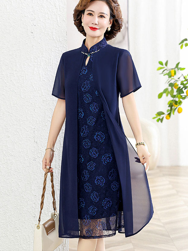 Red Blue Floral Mothers A-Line Qipao Cheongsam Dress