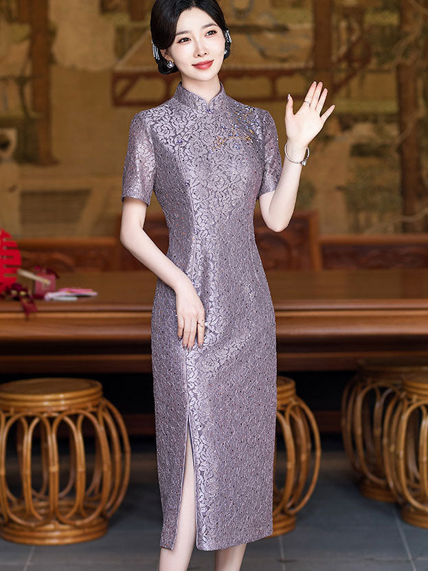 Purple Pink Sequins Lace Mothers Midi Cheongsam Qipao Dress