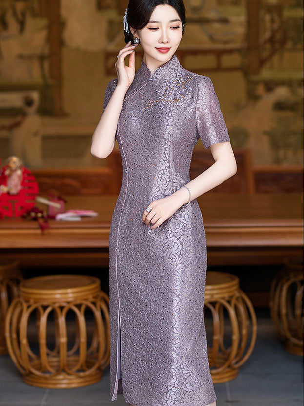 Purple Pink Sequins Lace Mothers Midi Cheongsam Qipao Dress
