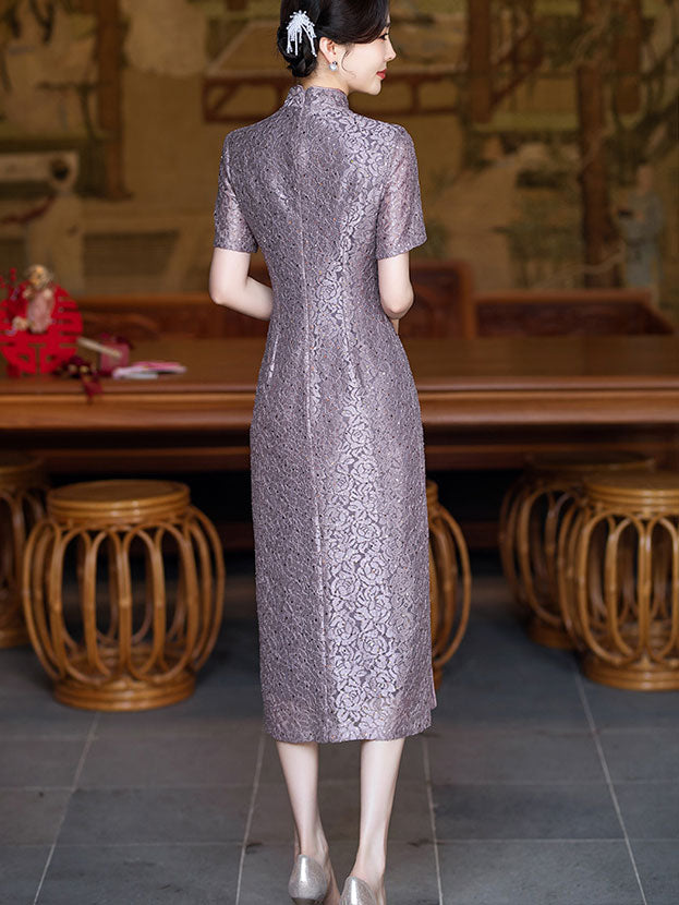 Purple Pink Sequins Lace Mothers Midi Cheongsam Qipao Dress