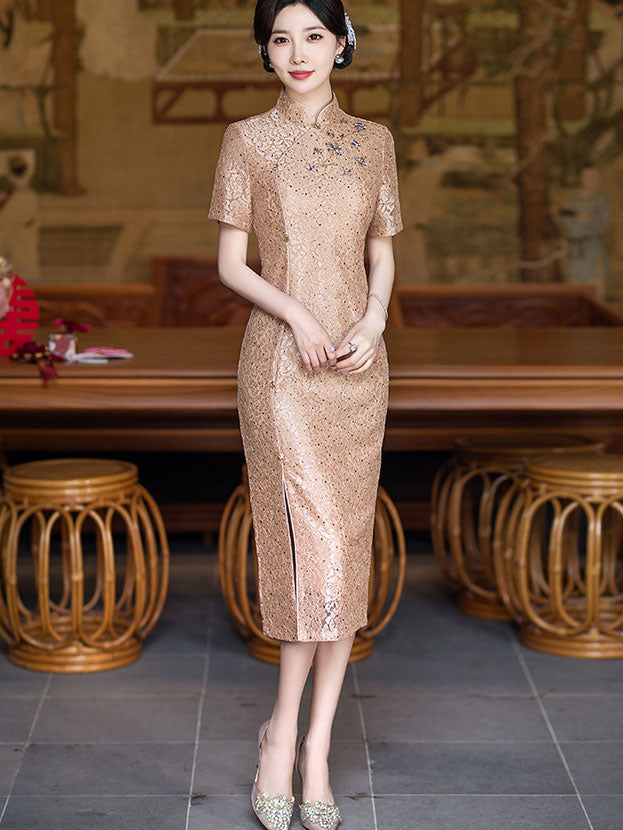Purple Pink Sequins Lace Mothers Midi Cheongsam Qipao Dress