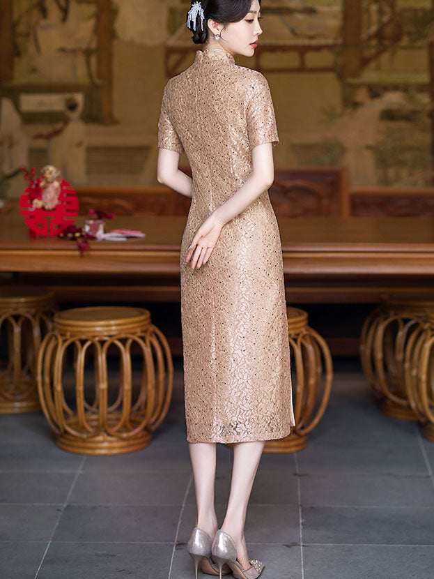 Purple Pink Sequins Lace Mothers Midi Cheongsam Qipao Dress