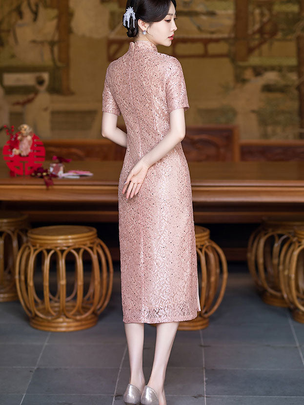 Purple Pink Sequins Lace Mothers Midi Cheongsam Qipao Dress