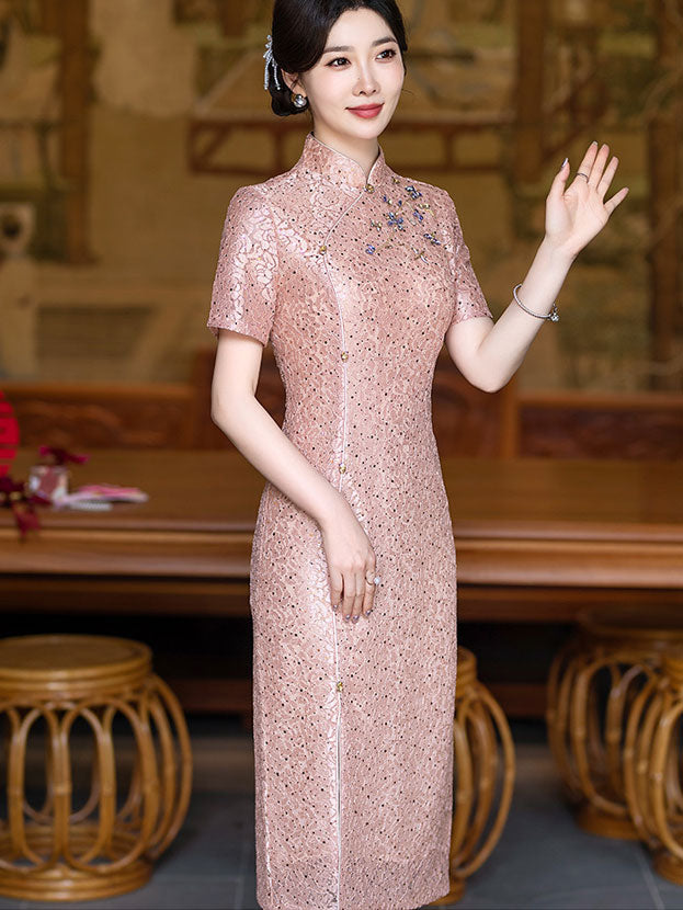 Purple Pink Sequins Lace Mothers Midi Cheongsam Qipao Dress