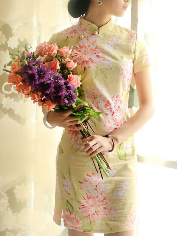 Clearance Yellow Floral Linen Qipao Cheongsam Dress