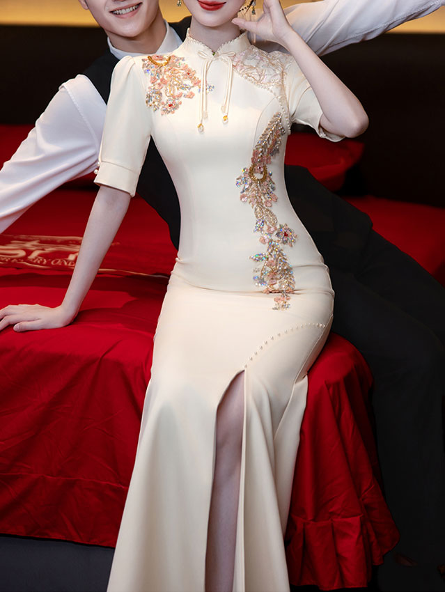 Champagne Appliques Split Fishtail Qipao Cheongsam Dress