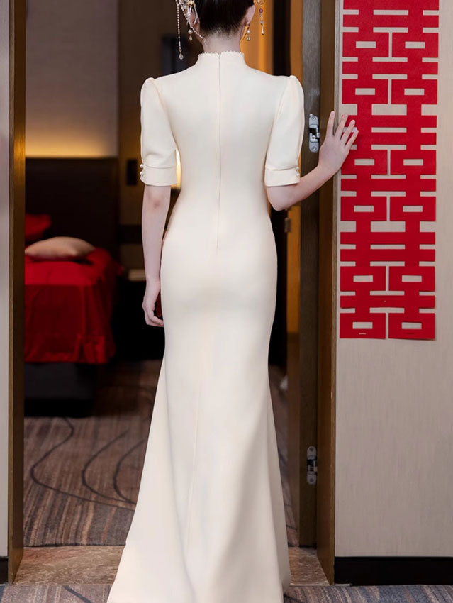 Champagne Appliques Split Fishtail Qipao Cheongsam Dress