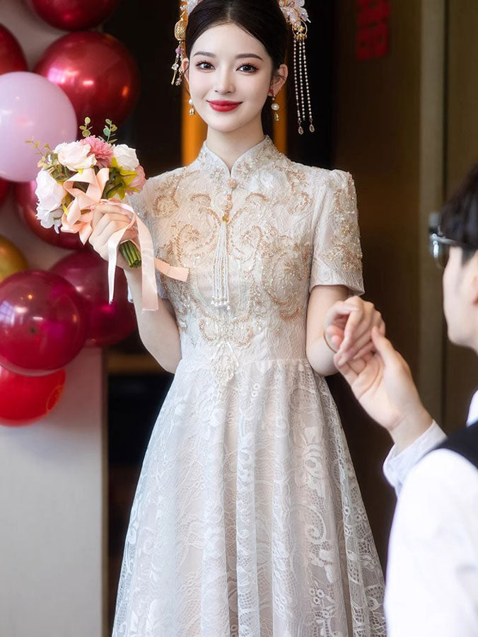 Floral Lace Midi A-line Engagement Cheongsam Qipao Dress