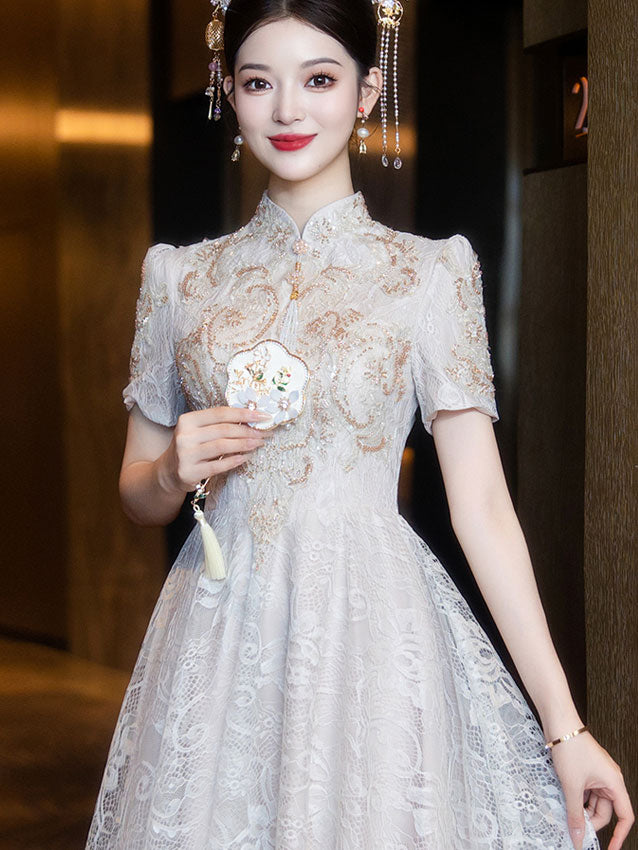 Floral Lace Midi A-line Engagement Cheongsam Qipao Dress