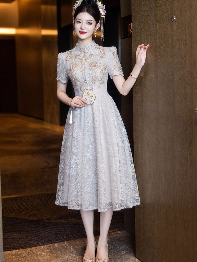 Floral Lace Midi A-line Engagement Cheongsam Qipao Dress