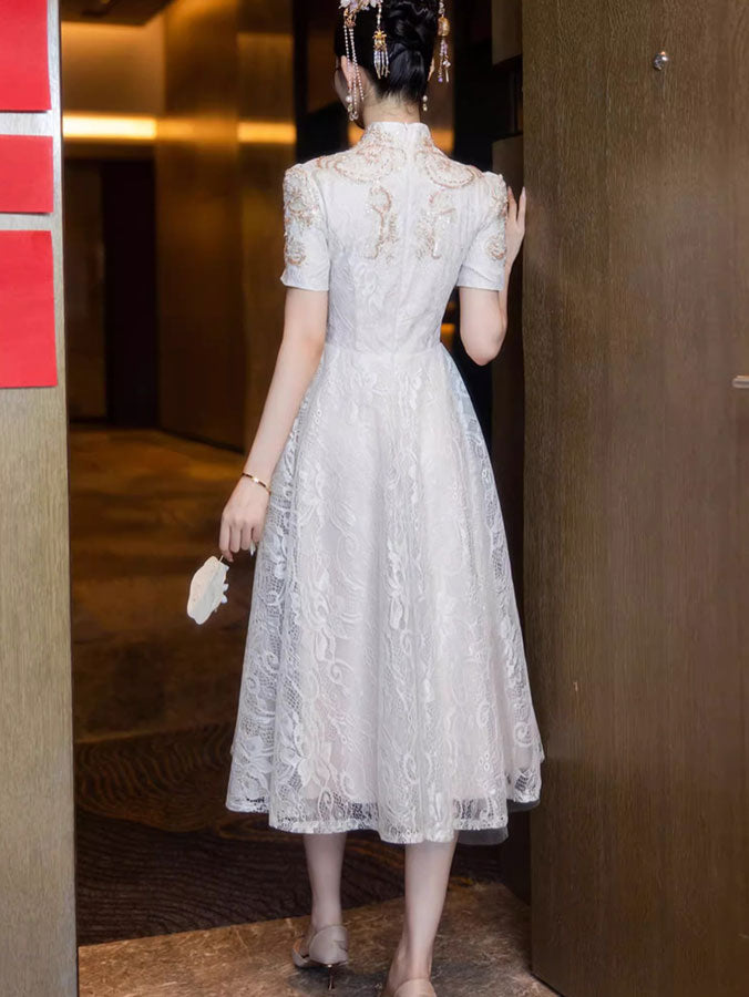 Floral Lace Midi A-line Engagement Cheongsam Qipao Dress