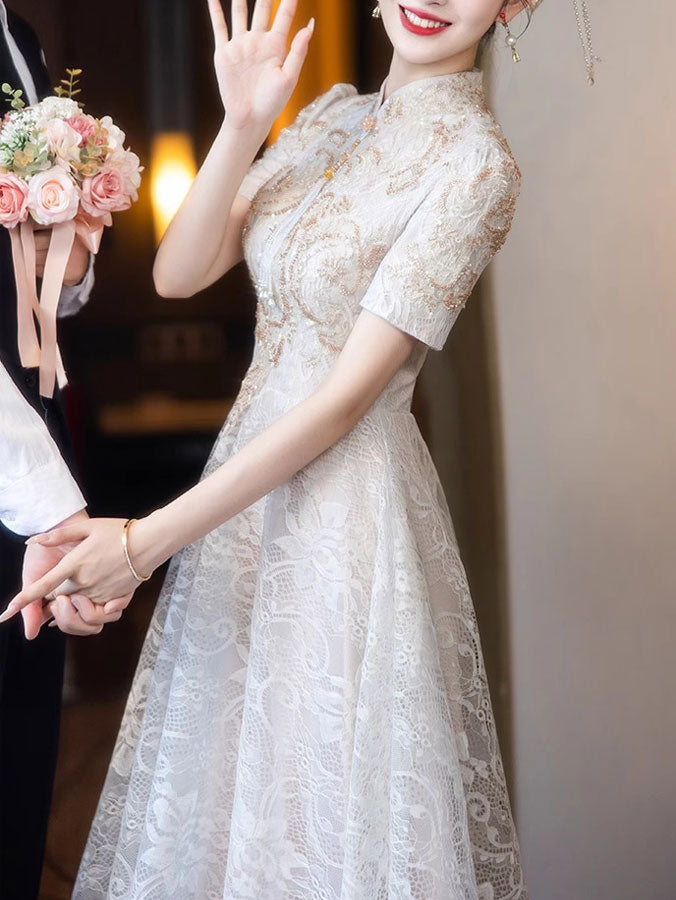 Floral Lace Midi A-line Engagement Cheongsam Qipao Dress