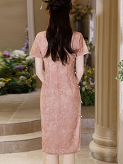 2025 Pink Floral Print Cheongsam Qipao Dress