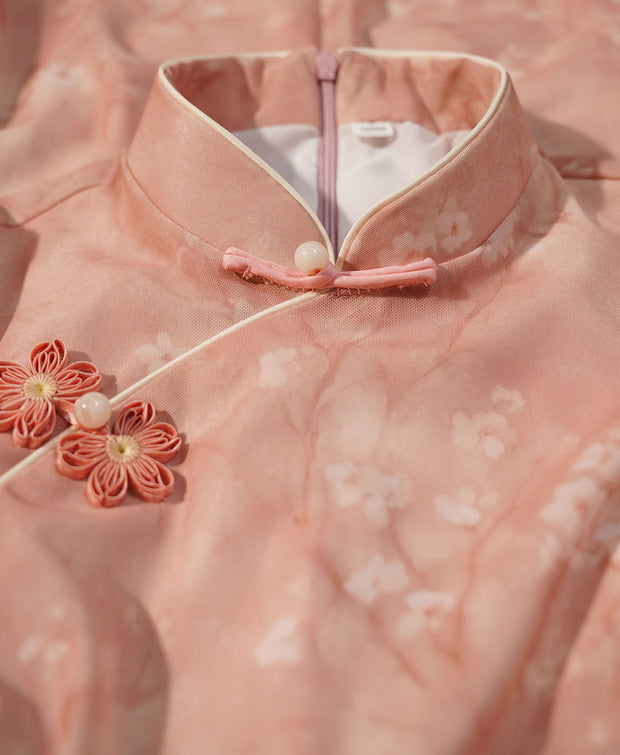 2025 Pink Floral Print Cheongsam Qipao Dress